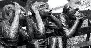 A statue of three chimps sat on a bench, side by side. One covers its eyes, the next its ears and the third its mouth. In black and white.